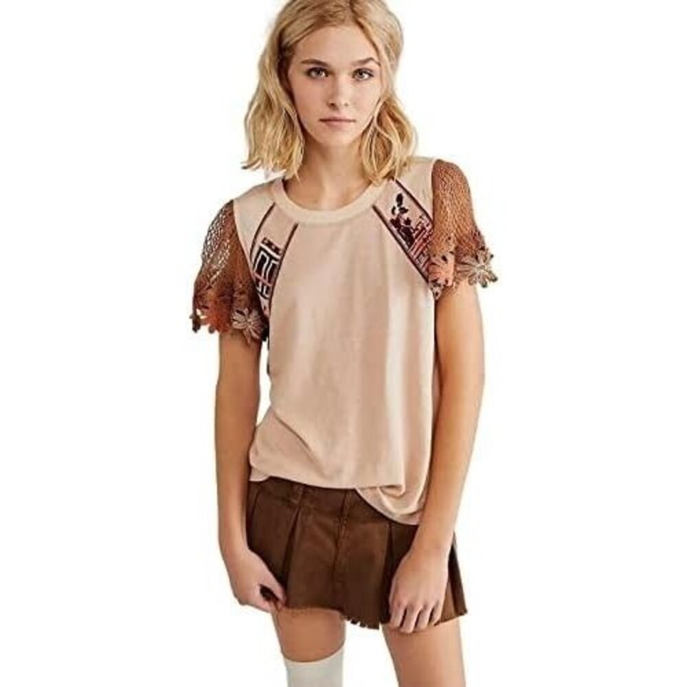 Free People As If Crochet Sleeve T-Shirt Beige Brown Cotton Size SMALL Top